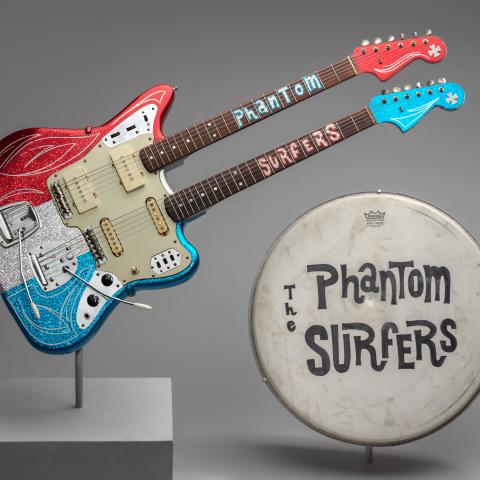 The Phantom Surfers’ Fender Jazzmaster/Jaguar and Weather King bass drumhead