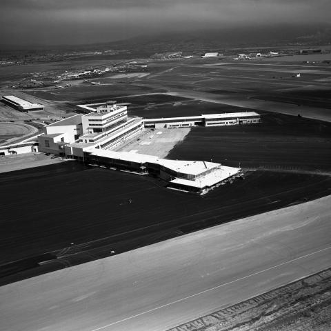 Aerial view of San Francisco International Airport terminal building prior to activation  May 1954