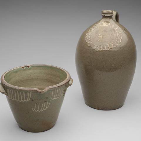 Cream riser and two-gallon jug  c. 1850; Thomas Chandler (1810–54)