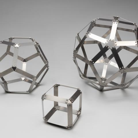 Dodecahedron, Hexahedron, and Rhombic Triacontahedron sculptures  c. 2019