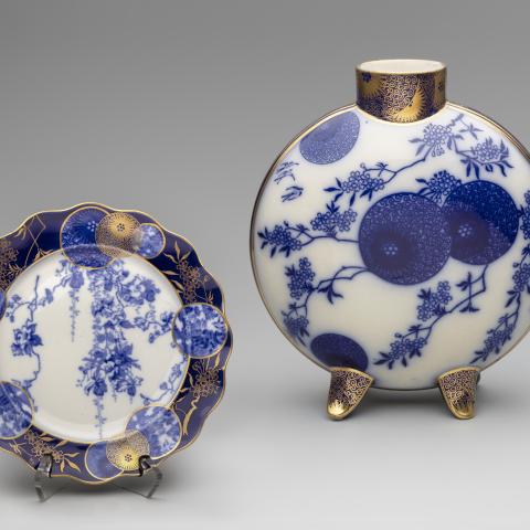 Plate  c. 1896 and Moon flask  c. 1880