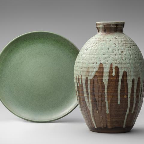 Coupe salad plate  c. 1950s and Vase  c. 1950; artist Edith Heath (1911–2005)