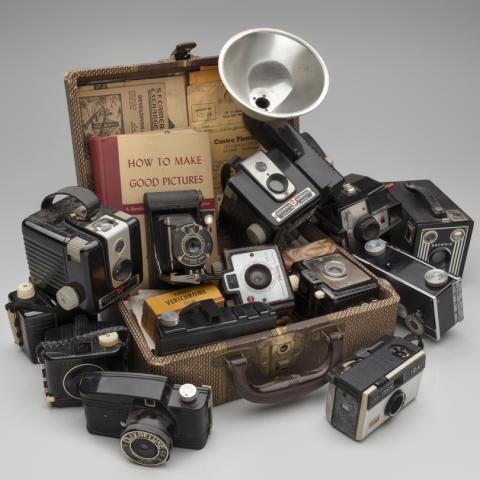 Suitcase with Cameras  1984–ongoing Mickey McGowan (b. 1946) suitcase, cameras, photographs, film canisters, negatives, pamphlets Courtesy of Mickey McGowan, Unknown Museum Archives