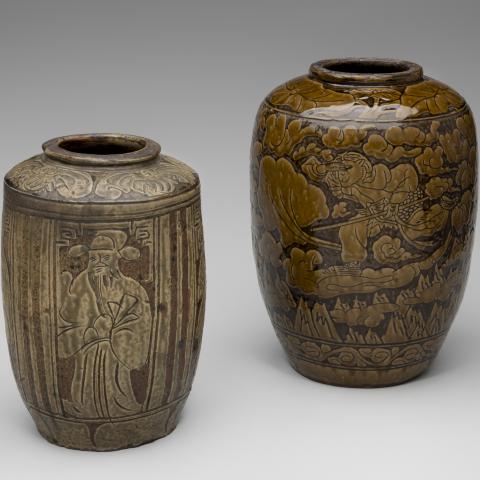 Rice wine or millet wine jar with unidentified figures  early 20th century