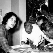 Dolores Huerta gathering signatures at the founding convention of the National Farm Workers Association Convention, Delano, California  