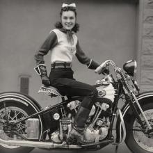 Dorothy “Dot” Smith of the San Francisco Motorcycle Club on her 1939 Harley-Davidson EL 1940
