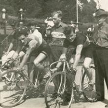 Starting line-up with trainers, Golden Gate Park Polo Field, San Francisco 1937