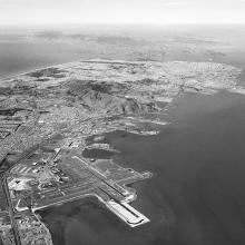 View of San Francisco International Airport (SFO), view facing north toward city of San Francisco  February 6, 1964