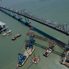 Lifter installs falsework east of Yerba Buena Island