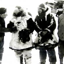 Roald Amundsen congratulates Richard E. Byrd at Spitzbergen after his flight over the North Pole  1926
