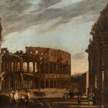 Colosseum and Arch of Constantine  c. 1650 Viviano Codazzi (Bergamo 1606 – 1670 Rome) figures by Michelangelo Cerquozzi (Rome, 1602 – 1660) oil on canvas 56 x 77 in L2016.2101.025