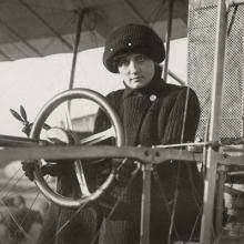 Raymonde de Laroche (1882–1919) at the controls of her Voisin biplane  c. 1909