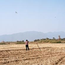 A farmer watching aircraft flying in the sky  2015