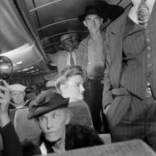 Passengers standing in aisles on Memphis-Chattanooga Greyhound bus  1943