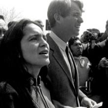 Dolores Huerta and Senator Robert Kennedy at a press conference celebrating the end of the 25-day fast by César Chávez, Delano