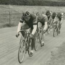 At tempo drafting through the turn, Golden Gate Park Polo Field, San Francisco 1950s