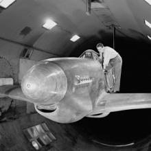 North American XP-51B Mustang airplane with outer wing structures removed in 16 ft wind tunnel  1943