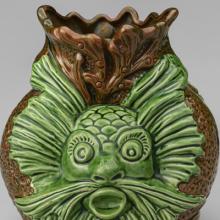 Anthropomorphic fish vase c. 1893, Two-handled baluster vase with fish and seaweed c. 1893, and Stylized flowers vase c. 1893