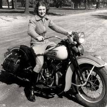 “First Lady of Motorcycling” Dorothy “Dot” Robinson on her 1937 Harley-Davidson ’45 1937