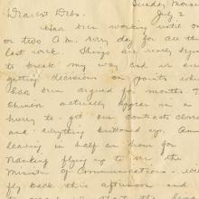 Handwritten letter and transcript from Harold M. Bixby to his wife, Debby Bixby  July 2, 1933
