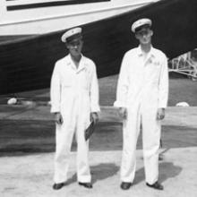 Chief mechanic Burns English and division assistant engineer G. W. Bill Taylor with Pan American Airways Sikorsky S-42 Hong Kong Clipper at Cavite, Philippines c. 1937 