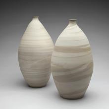 Yeollimun Vases  1979 Roe Kyung Jo (b. 1951) porcelain with marbled design Lent by the artist L2014.1203.009-.010