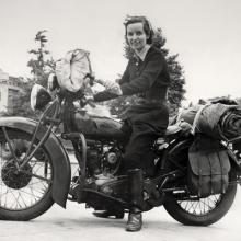 Linda Dugeau, co-founder of the Motor Maids, on her 1937 Indian Junior Scout  1937