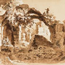 Claude-Joseph Vernet, Giovanni Battista Piranesi, and Charles-Louis Clérisseau at the Great Baths, Hadrian’s Villa  c. 1752 Claude-Joseph Vernet (Avignon 1714 – 1789 Paris) brown ink, wash and body color on laid paper 9.5 x 13.5 in L2016.2101.037