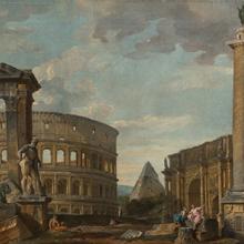 Capriccio View of Ancient Roman Monuments  c. 1755 Giovanni Paolo Panini (Piacenza 1691 – 1765 Rome) oil on canvas 31 x 43 in L2016.2101.085
