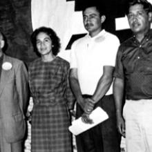 Founding convention of the National Farm Workers Association (NFWA) in Fresno, California, showing (from right) César Chávez, Tony Orendain, and Dolores Huerta