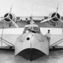 Pan American Airways Martin M-130 China Clipper taxiing on the lagoon, Midway Island 1937 