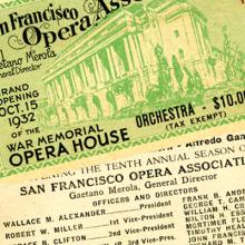 War Memorial Opera House opening night ticket to Tosca  October 15, 1932