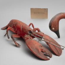 mutant; an animal or plant with inheritable characteristics that differ from those of the parents.  1984 Mickey McGowan (b. 1946) toy elephant, duck decoy, fake lobster, antennae Courtesy of Mickey McGowan, Unknown Museum Archives L2023.0301.075a-c 
