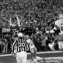 “The Catch”: Wide receiver Dwight Clark reaches for a touchdown reception during the final minute of a 28-27 NFC Championship victory over the Dallas Cowboys at Candlestick Park  January 10, 1982