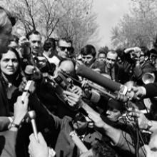 Dolores Huerta and Senator Robert Kennedy address the Press at the end of a 25-day fast by César Chávez in Delano