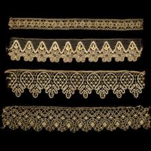 Edgings  late 1800s–early 1900s metallic gold bobbin lace France Collection of Lacis Museum of Lace and Textiles, Berkeley, CA JTB23789 L2013.3501.057, JTB23779, JTB23791, JTB23775 L2013.3501.057, 058, .059, .095