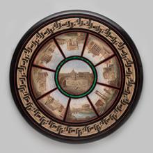 Micromosaic table top  c. 1865 Cesare Roccheggiani (active mid- to late 19th century) glass micromosaic, rosso antico, further malachite frame in Belgian black marble base 26 x 1.5 in L2016.2101.034