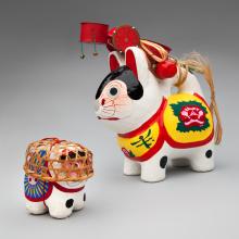 Dog with basket on head 