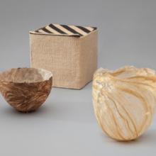 Box  1975 Kay Sekimachi (b. 1926) natural and dyed woven linen, five-layer weave and doubleweave pick-up L2013.2601.060  Bowl  c. 1993 Kay Sekimachi (b. 1926) brown hornet’s nest paper laminated with handmade Japanese Kozo paper, formed from teak bowl produced by Bob Stocksdale L2013.2601.068.01  Bowl  c. 2009 Kay Sekimachi (b. 1926) undressed flax bonded with gel medium L2013.2601.055