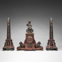 Mantel garniture with obelisks  c. 1860s–80s  France wood, glass, bronze, stone Courtesy of Michaan’s Auctions, Alameda, CA L2014.2901.005, .006.01,.02 