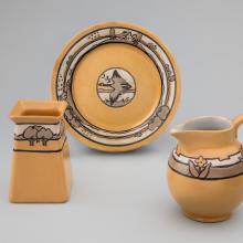 Square vase with trees  1919, Duck plate  1924, Floral pitcher  1919