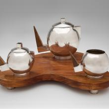 Tea set: teapot, sugar, creamer, tray  1950