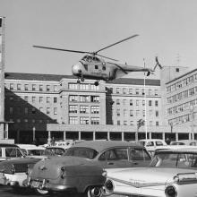 Sikorsky HO4S-3G helicopter hovers over the parking lot of the Public Health Service Hospital, Presidio of San Francisco  c. 1958