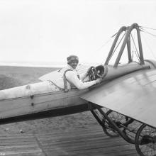 Silvio Pettirossi in his monoplane, Ocean Beach, San Francisco  1915