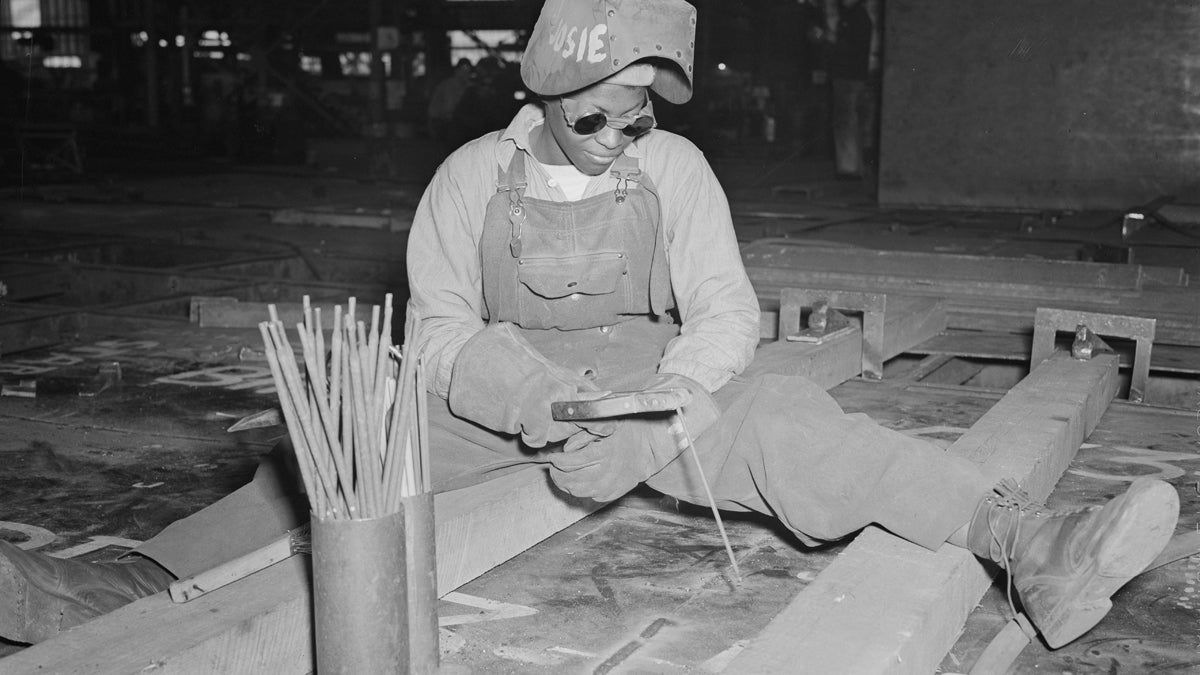 Welder-trainee Josie Lucille Owens helping to construct the Liberty ship SS George Washington Carver  1943
