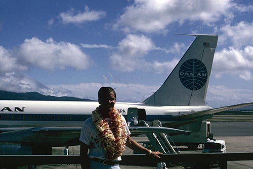 Albert Mueller standing in front of Pan American World Airways Boeing 707-320 at Honolulu Airport  1967
